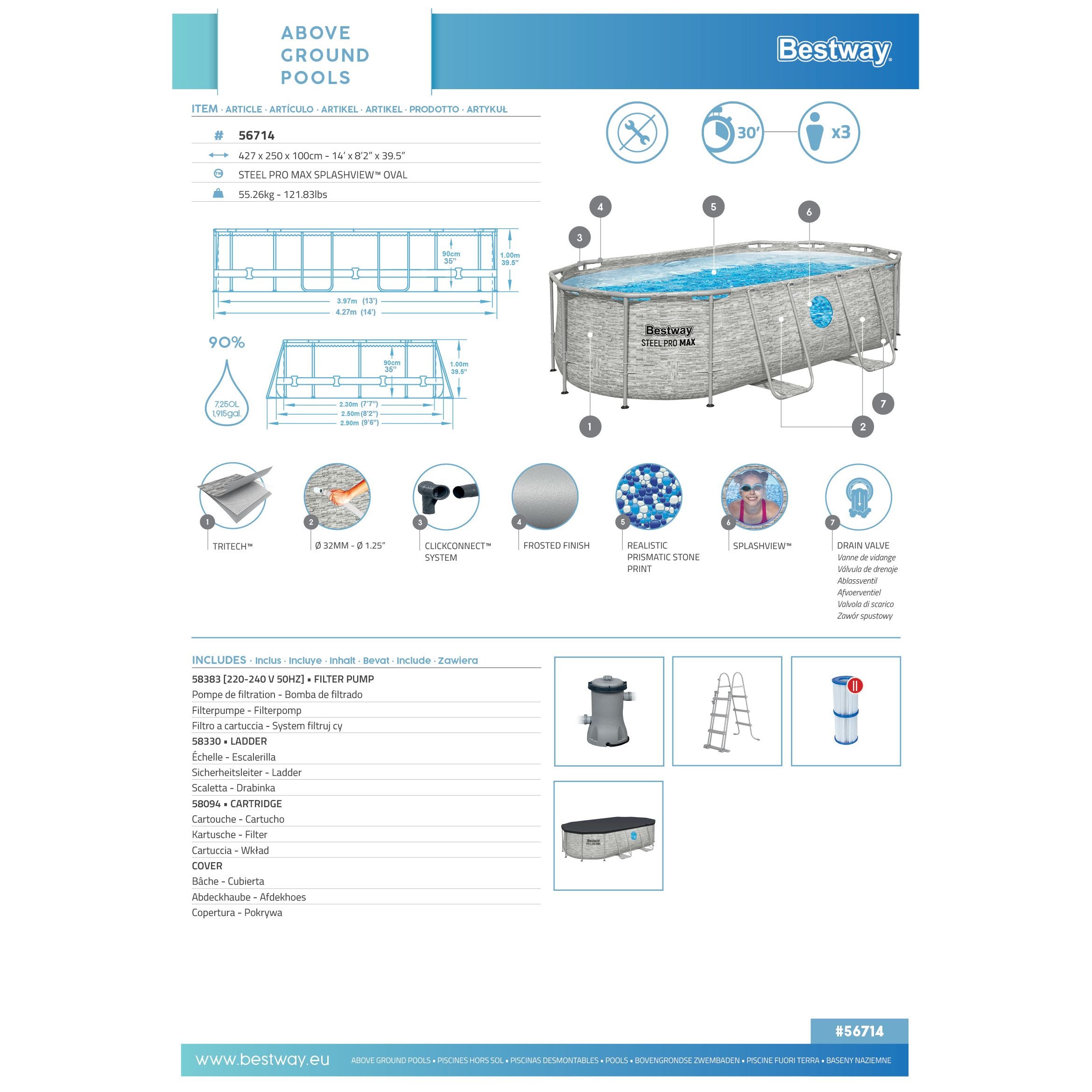 Bestway 56714 Piscina Power Steel Swim Vista Ovale Con Oblò, 4,27mx2,50mx1,00m Colore Pietra Grigia