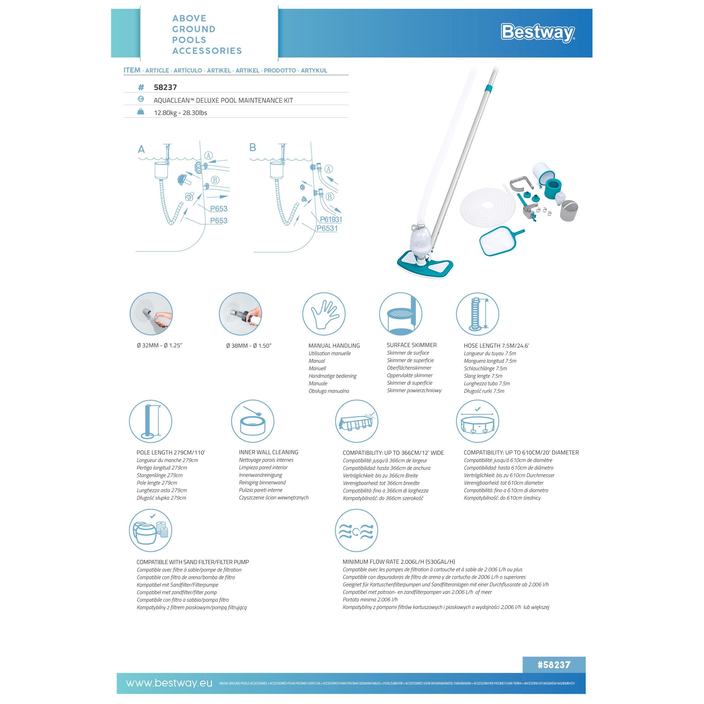 Bestway 58237 Kit Di Pulizia Deluxe Cm. 279. Include: Spazzola, Retino E Skimmer,  Asta In Alluminio Regolabile