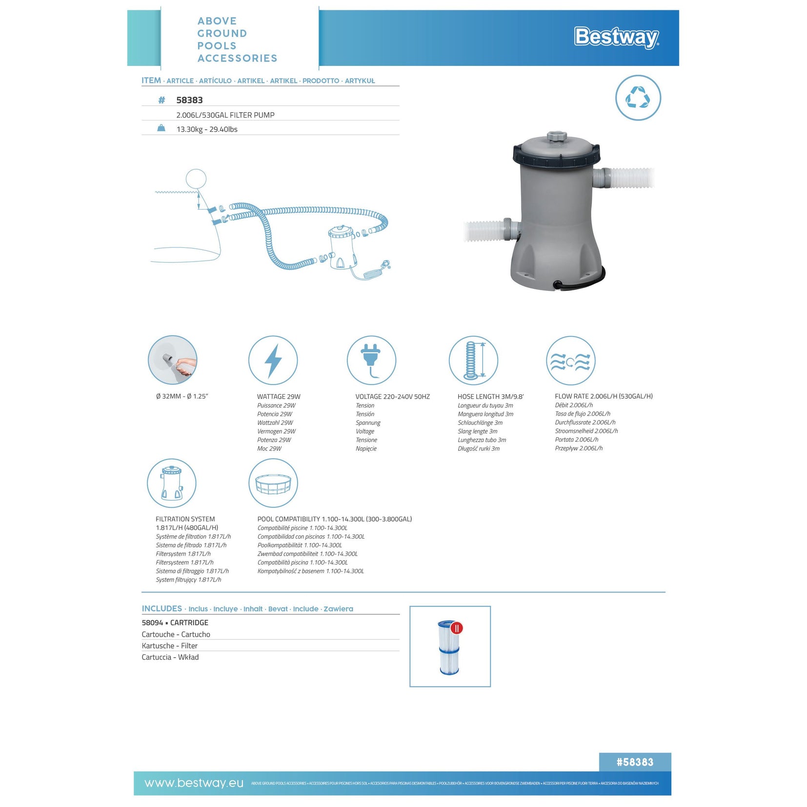 Bestway 58383 Pompa di Filtraggio a Cartuccia da 2.006 L/h