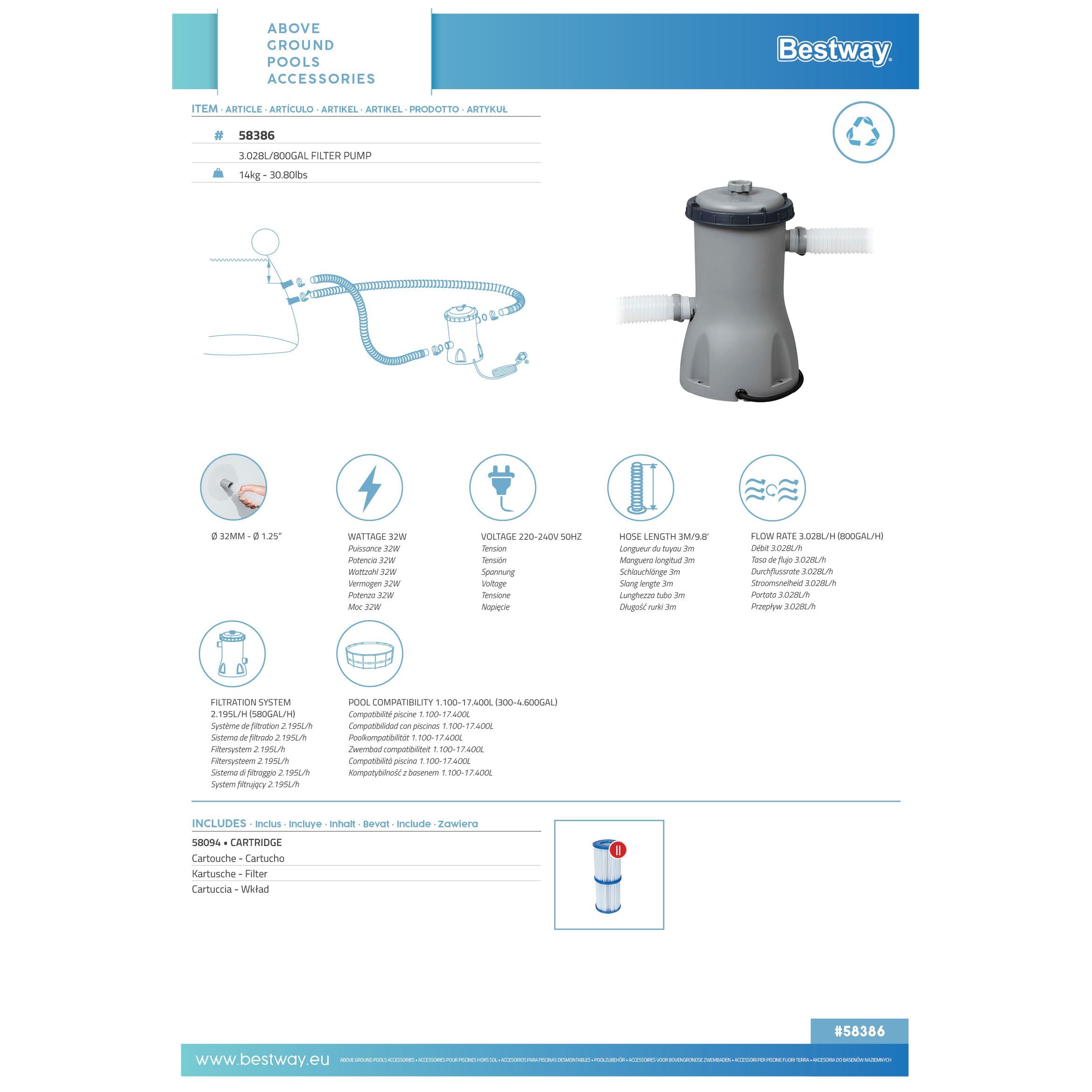 Bestway 58386 Pompa Filtro A Cartuccia Portata 3.028 L/h, Usa Cartuccia II 58094
