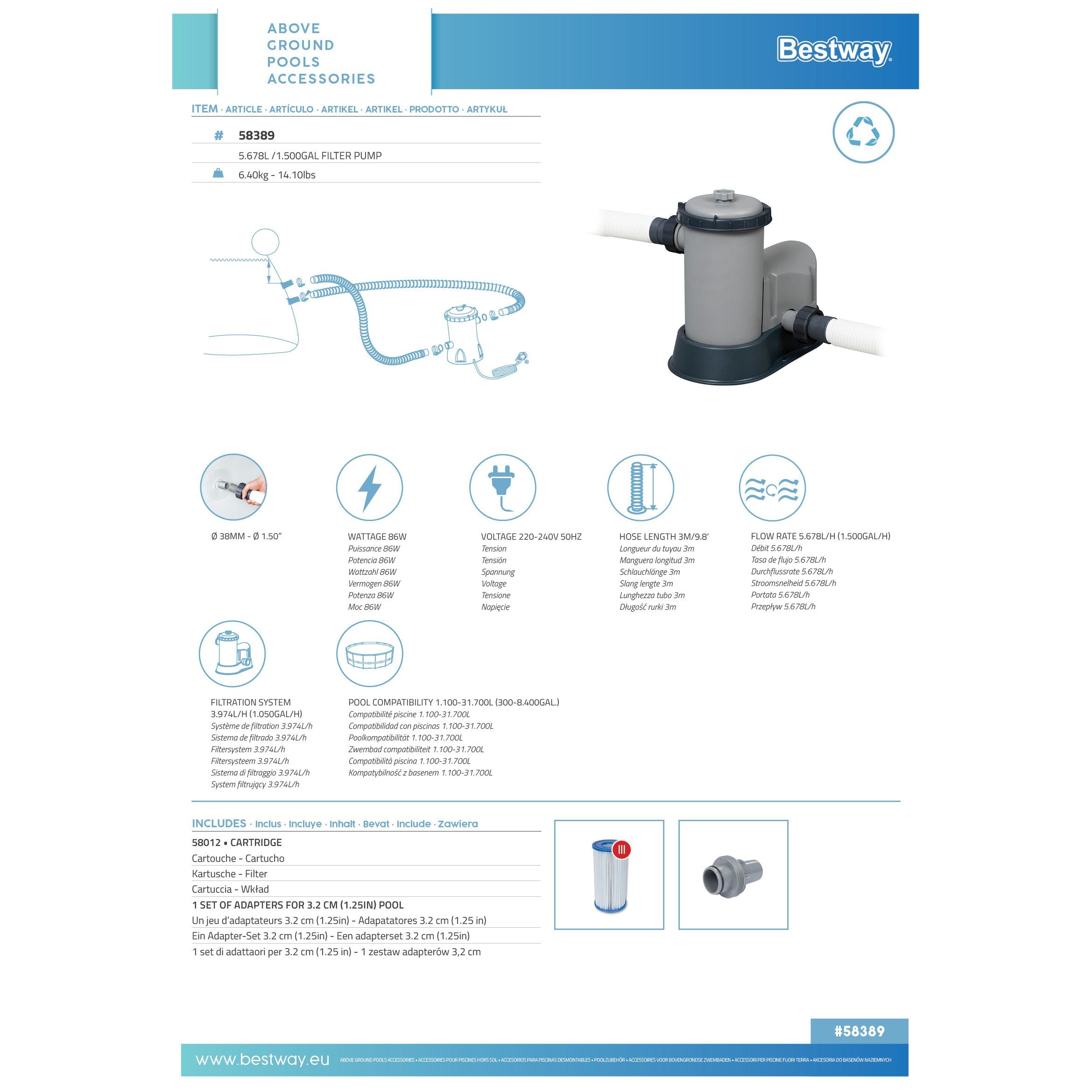 Bestway 58389 Pompa Filtro Per Piscine fuori Terra Portata 5.678 L/h