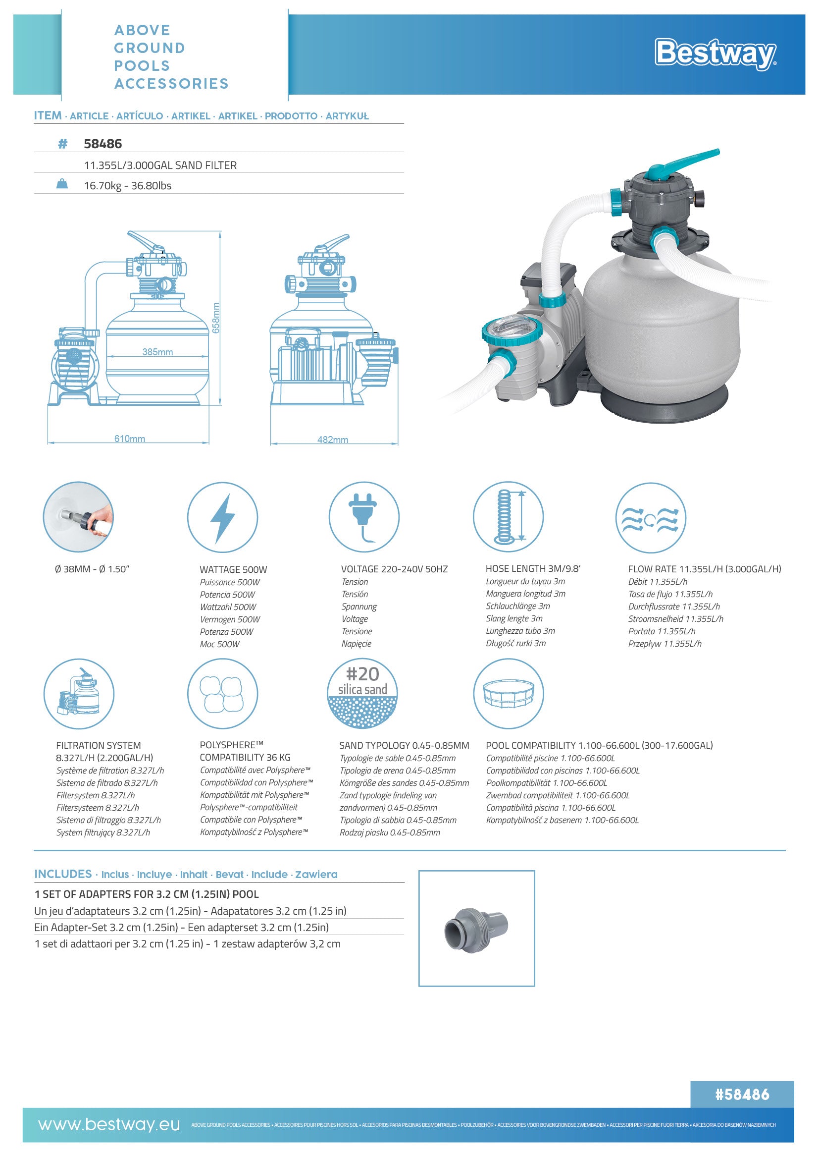 Bestway 58486 Filtro A Sabbia Flowclear Filtraggio Da 11.355 L/h