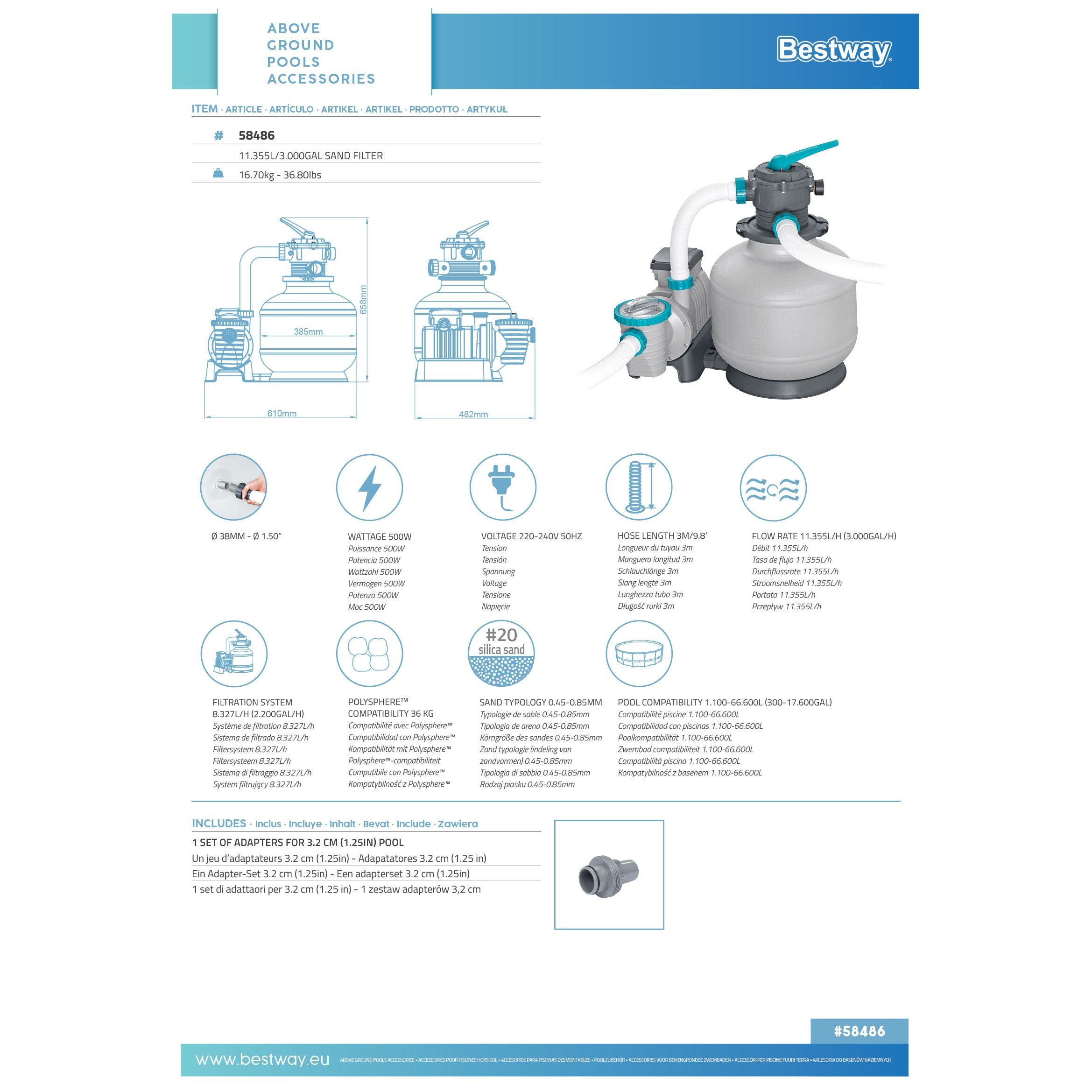 Bestway 58486 Filtro A Sabbia Flowclear Filtraggio Da 11.355 L/h