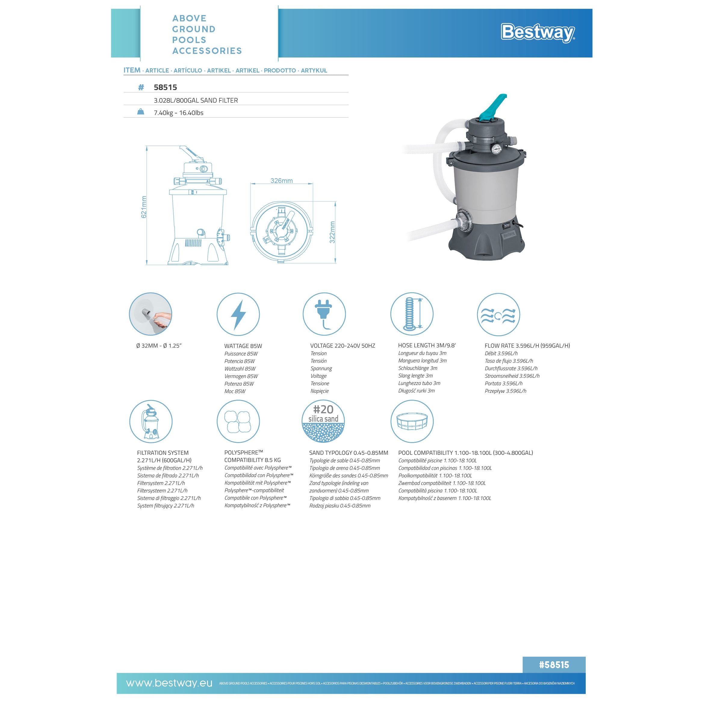 Bestway 58515 Filtro A Sabbia Flowclear Filtraggio Da 3.028 L/h