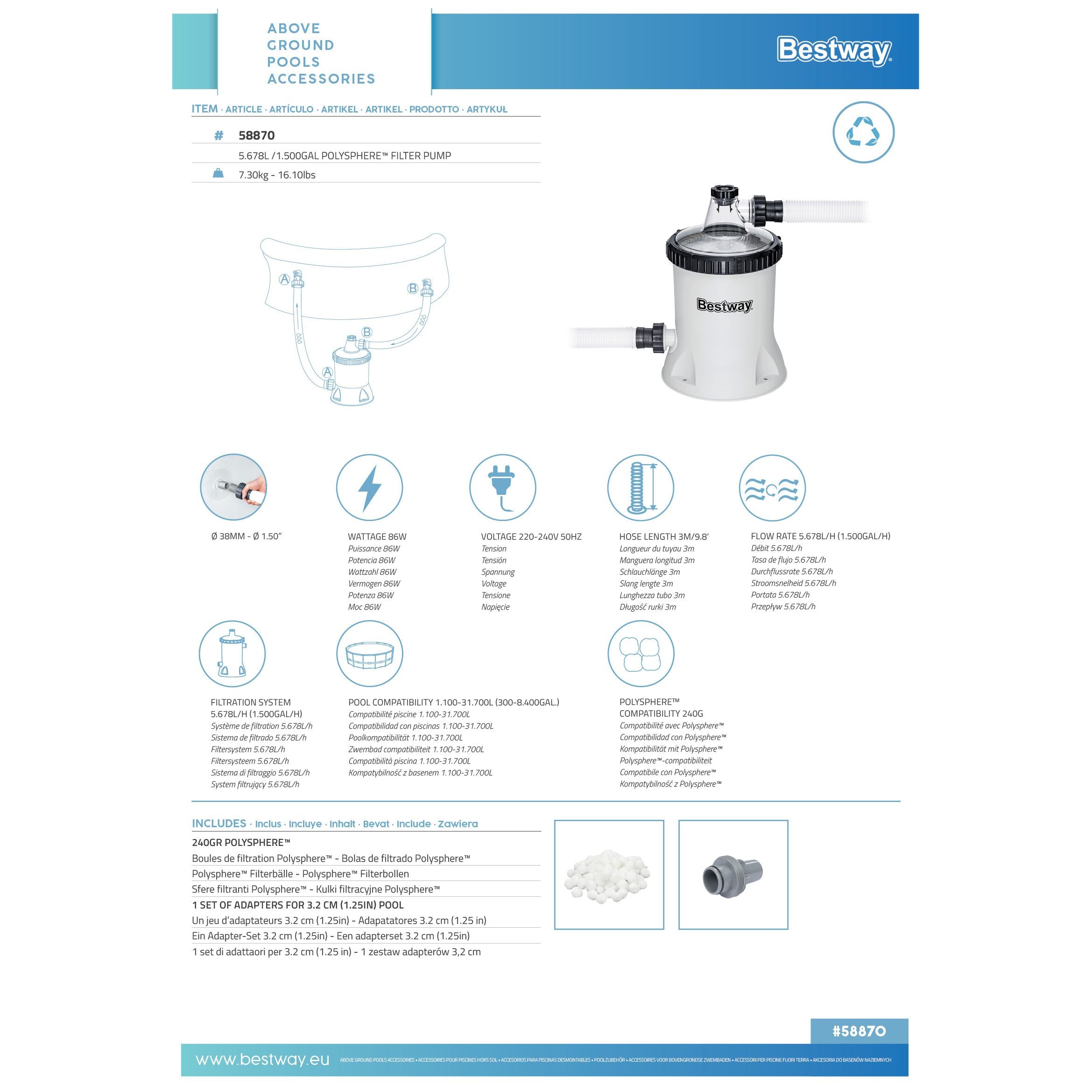 Bestway 58870 – Pompa Filtro Polysphere 5678 L/h per Piscine Fuori Terra