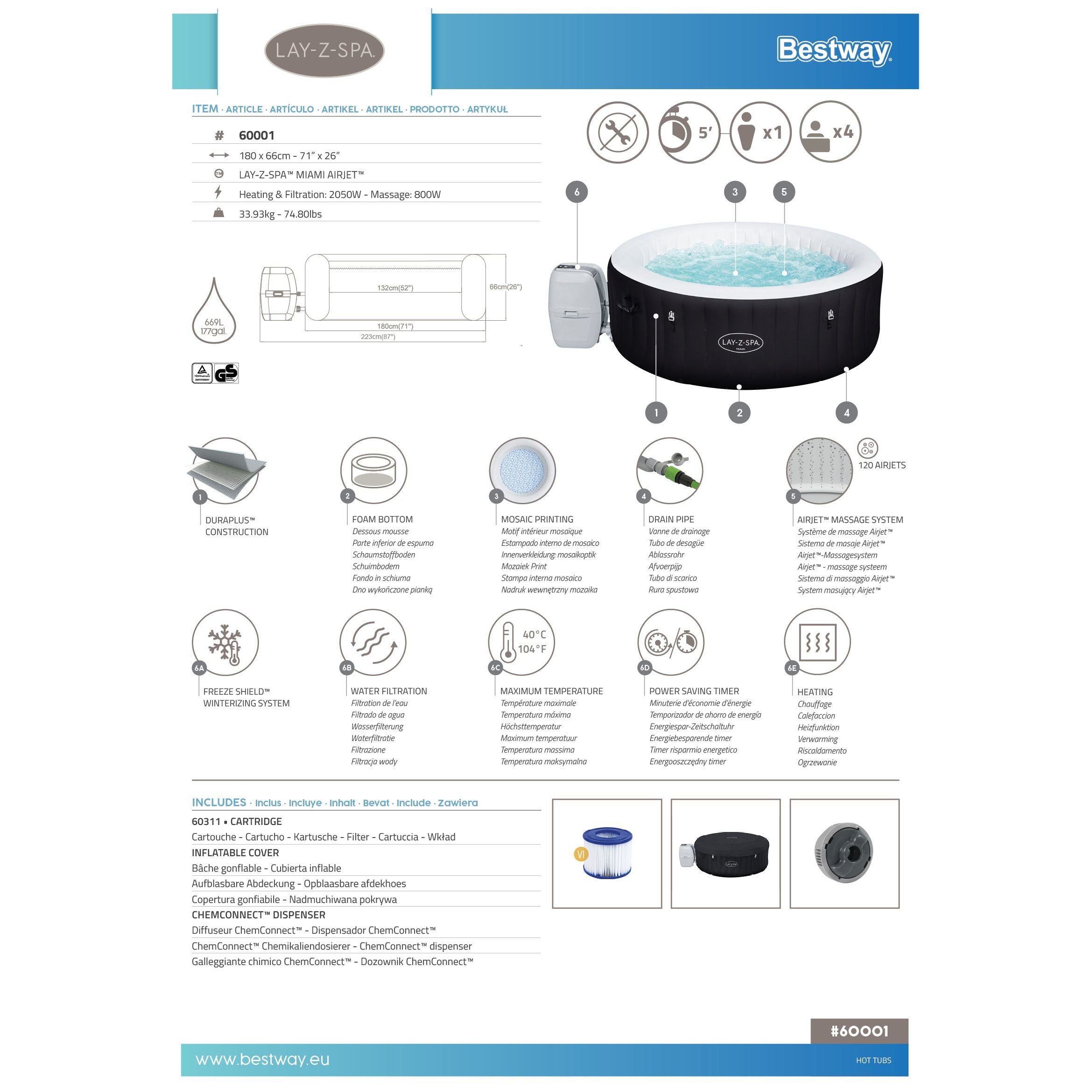 Bestway Lay-Z-Spa Miami AirJet – Idromassaggio gonfiabile 2–4 persone