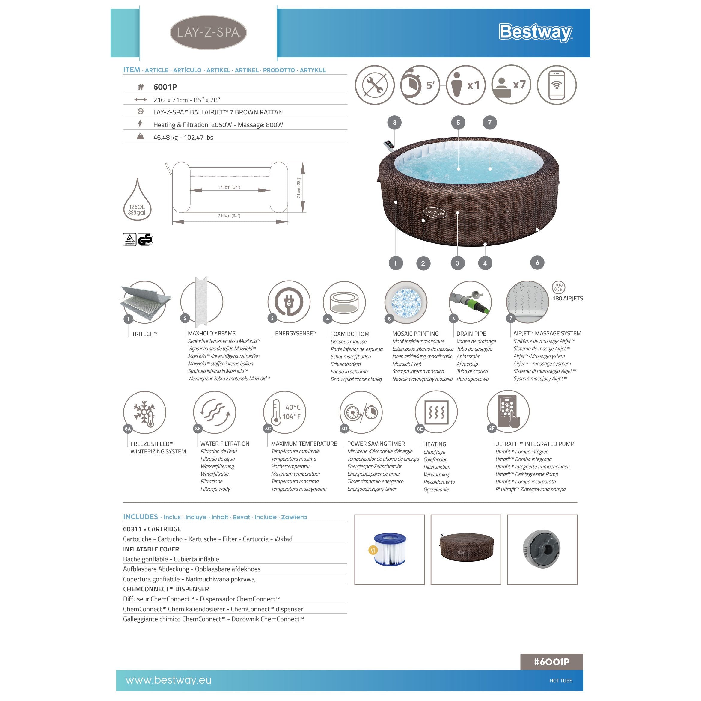 Bestway Lay-Z-Spa Bali AirJet – Idromassaggio gonfiabile 5–7 persone marrone