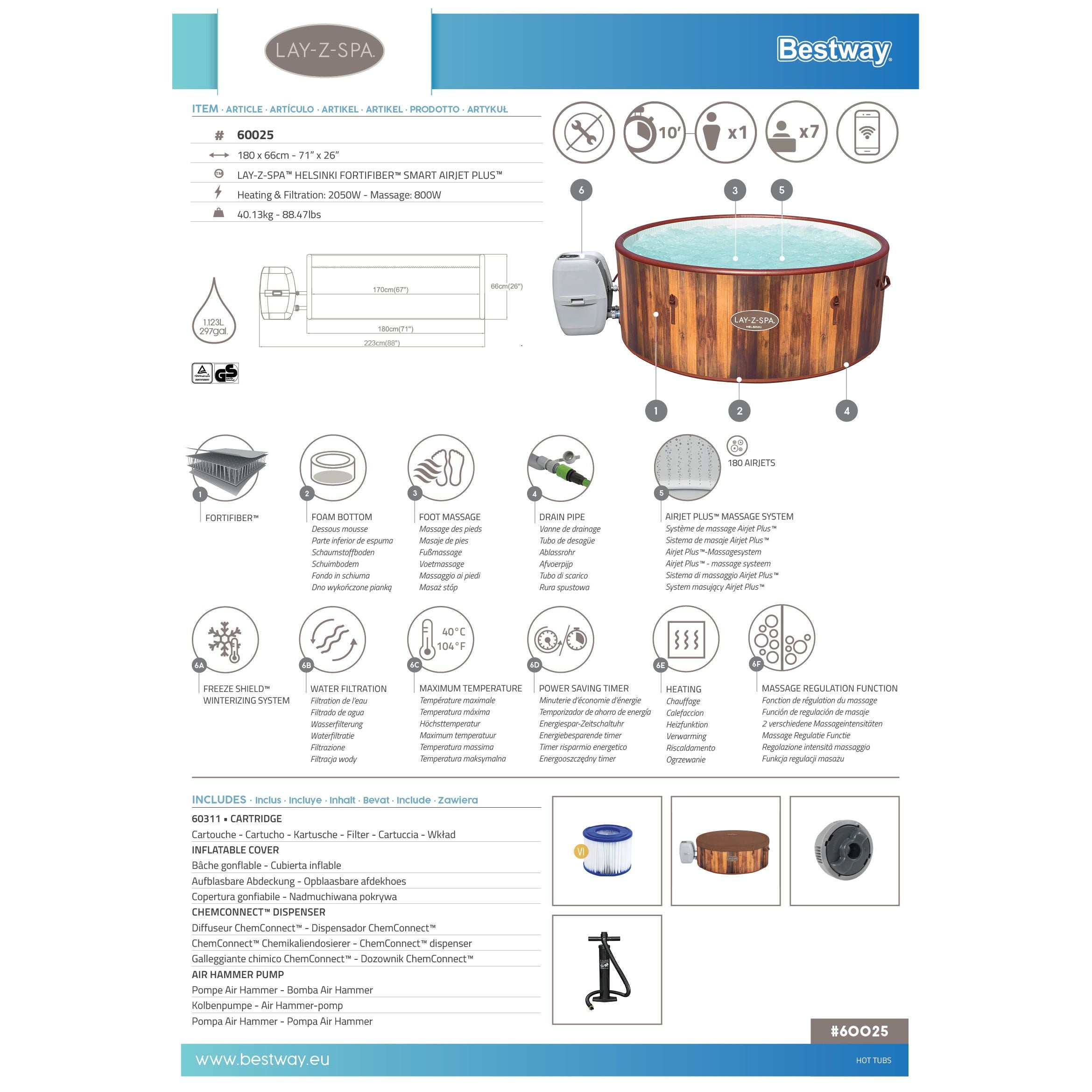 Bestway 60025 Piscina Idromassaggio Gonfiabile Lay-Z-Spa Helsinki AirJet 5-7 persone