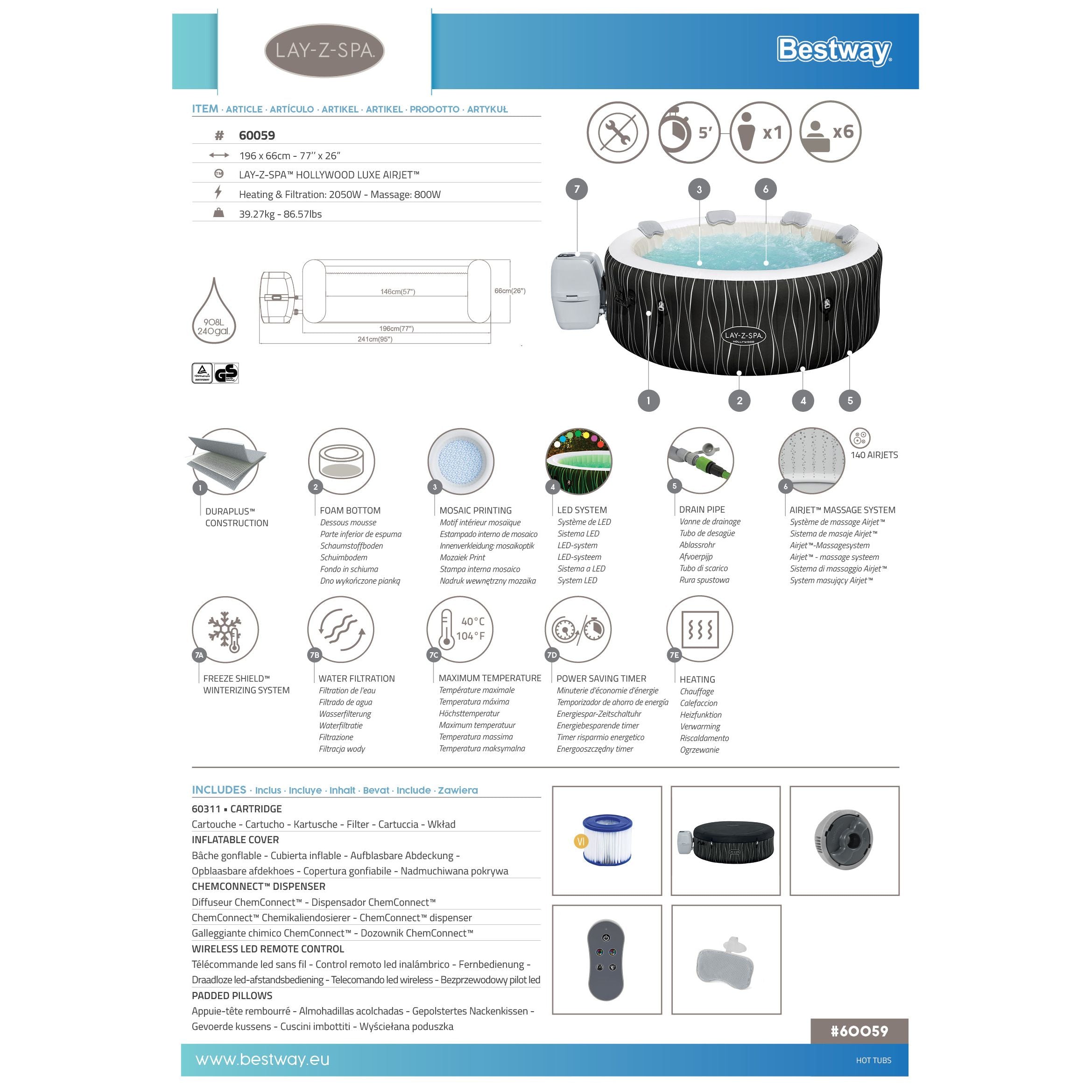 Bestway Lay-Z-Spa® Hollywood Luxe AirJet™ – Idromassaggio LED 4-6 persone