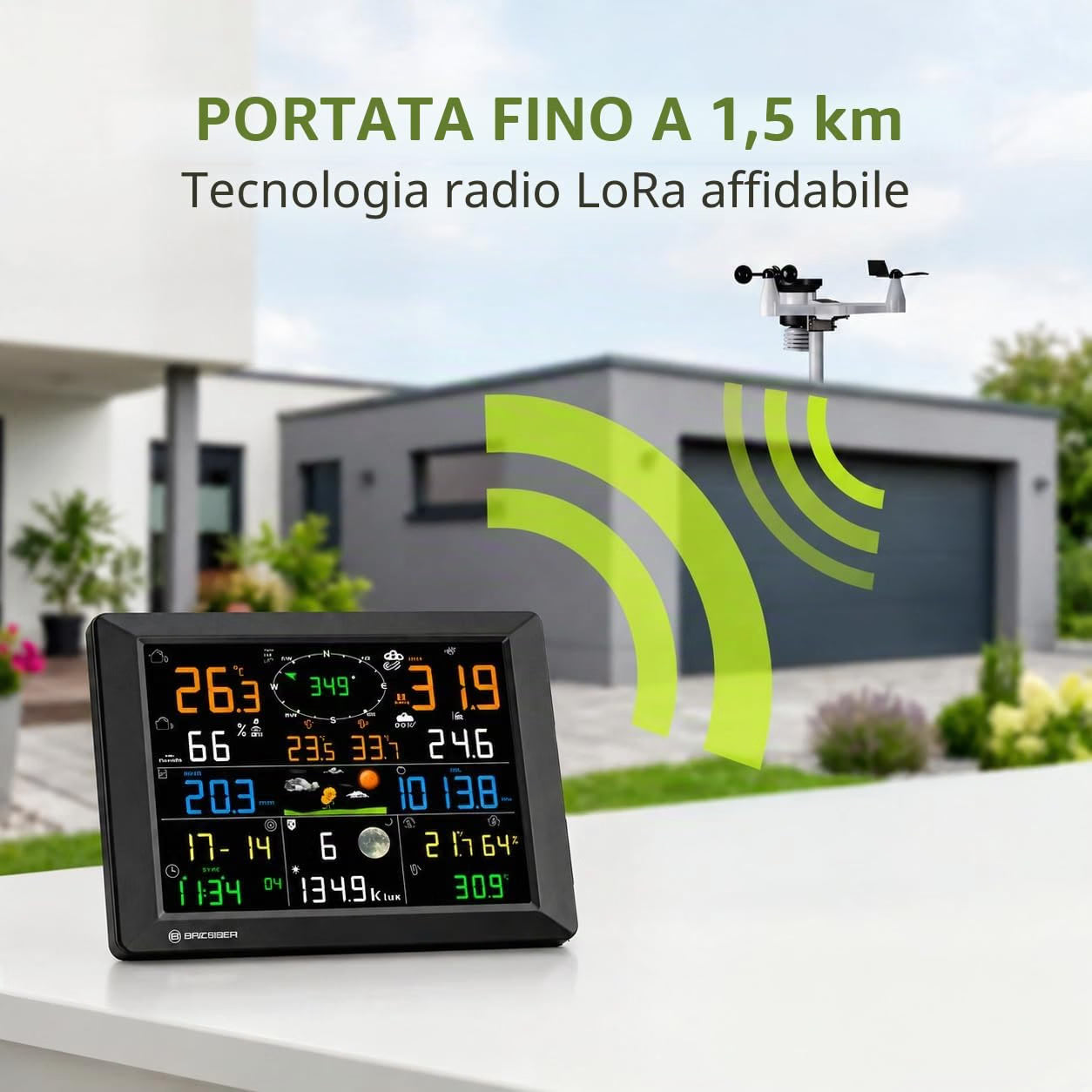 BRESSER Stazione Meteo Professionale 7-in-1 LoRa Wi-Fi Portata 1,5 km con Sensore Solare