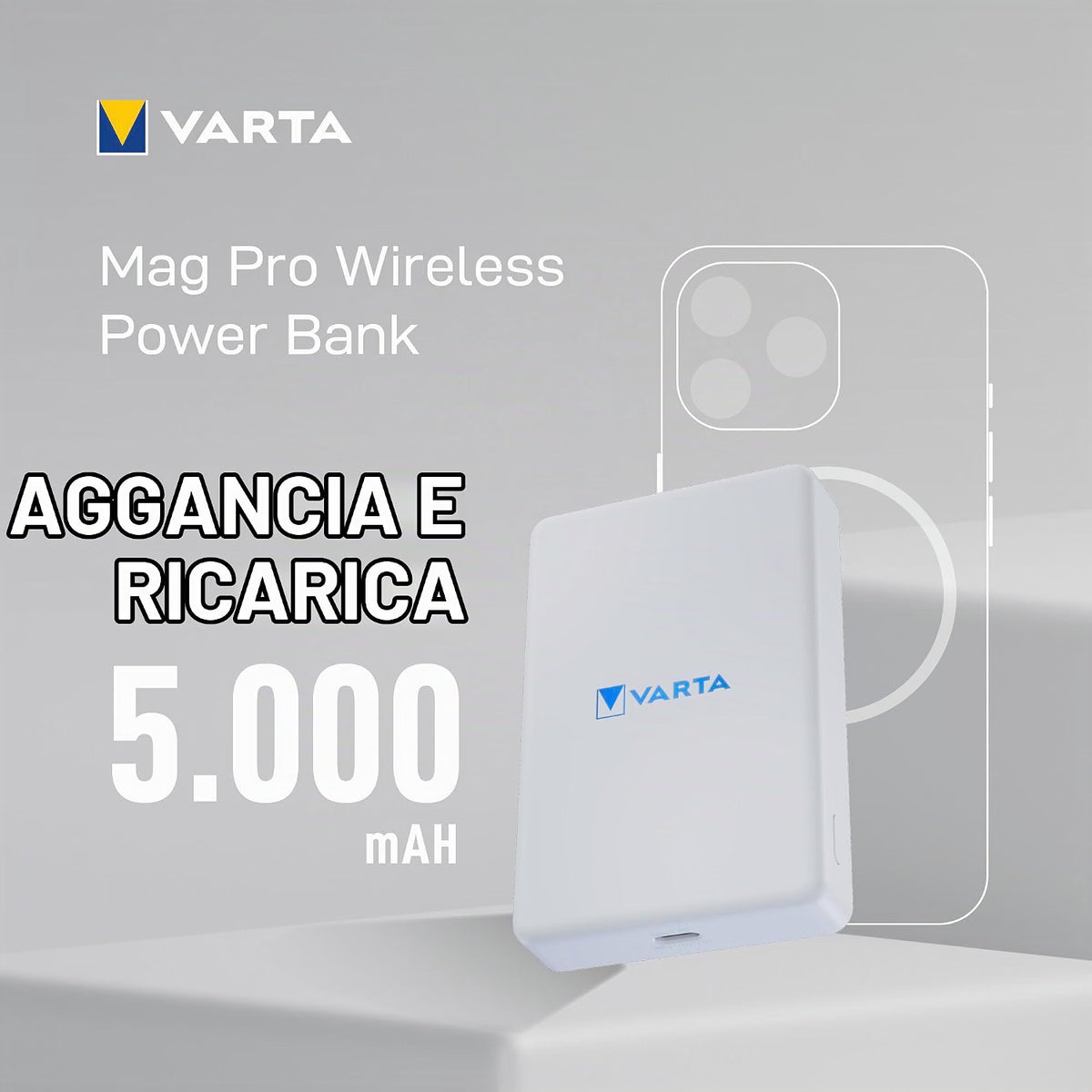 VARTA Mag Pro Power Bank Magnetico 5.000mAh Wireless 7,5W USB-C Bianco