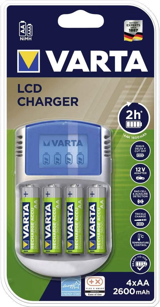 VARTA Caricabatterie LCD AA/AAA con 4 Batterie AA 2600 mAh, Adattatore 12V e USB
