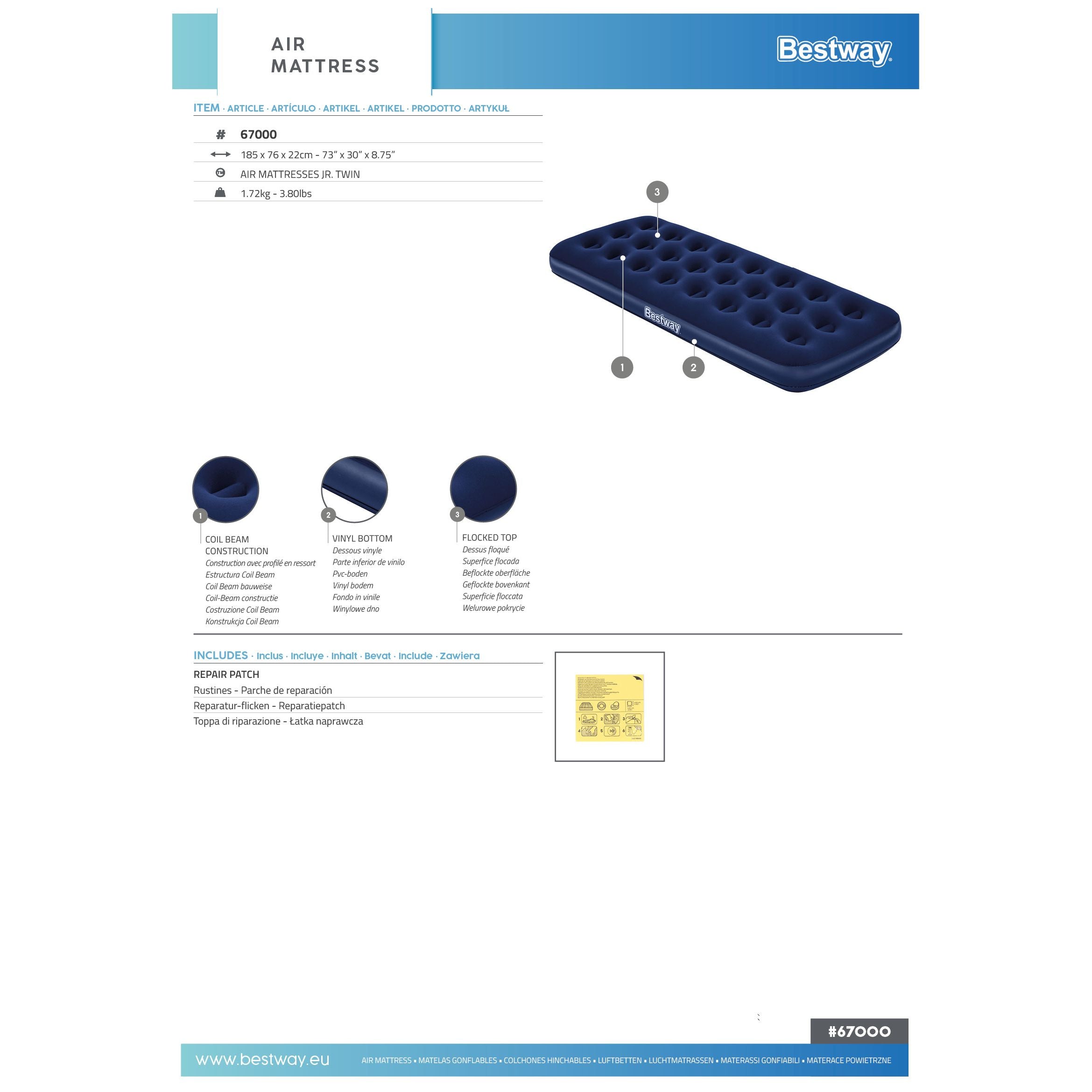 Bestway Materassino Gonfiabile, Singolo, 185 x 76 x 22 cm, Colore Blu