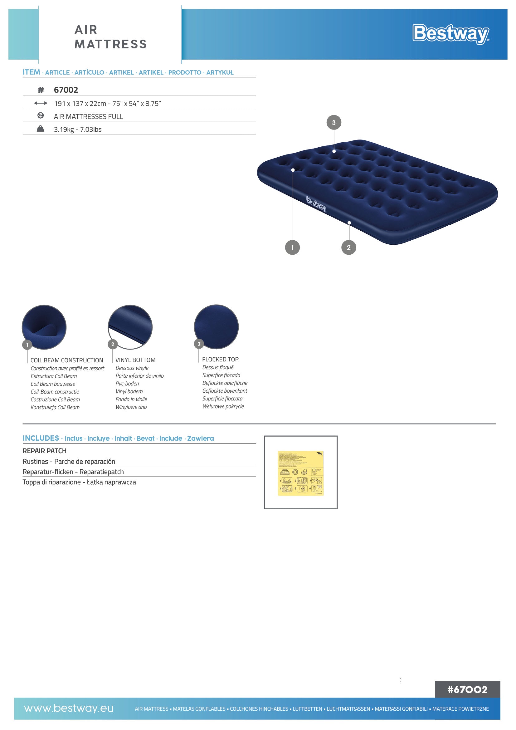 Bestway Materasso Matrimoniale Gonfiabile – Comfort per Casa e Campeggio 191x137x22 cm