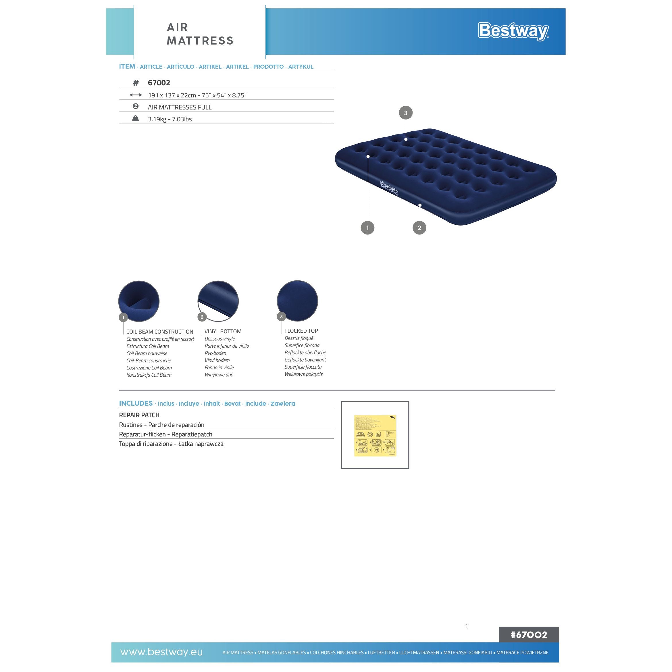 Bestway Materasso Matrimoniale Gonfiabile – Comfort per Casa e Campeggio 191x137x22 cm