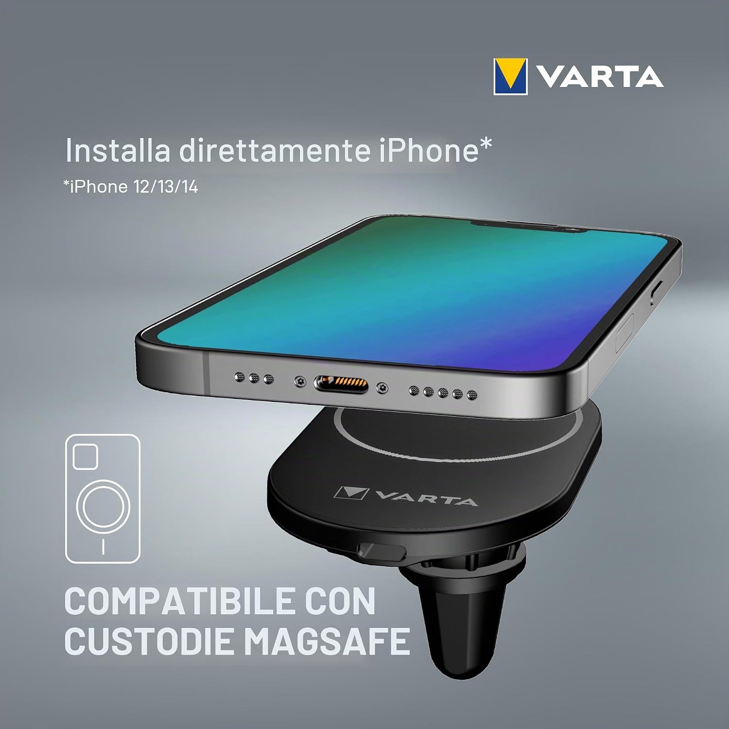 VARTA Mag Pro Caricabatterie Auto Magnetico Wireless 15W con Supporto Smartphone MagSafe