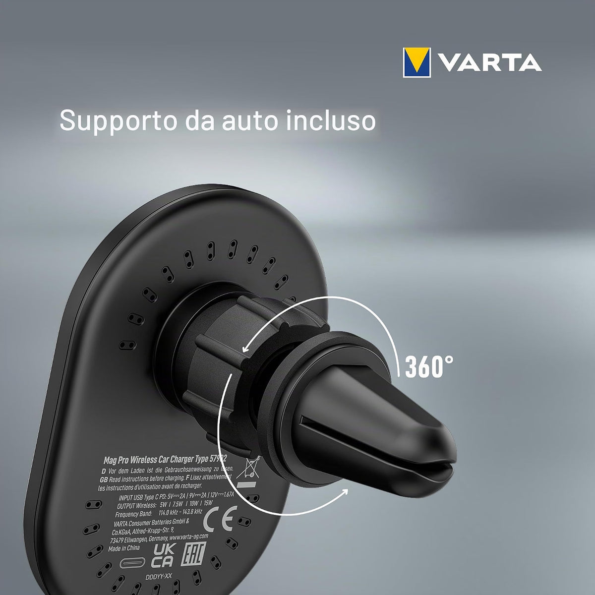 VARTA Mag Pro Caricabatterie Auto Magnetico Wireless 15W con Supporto Smartphone MagSafe