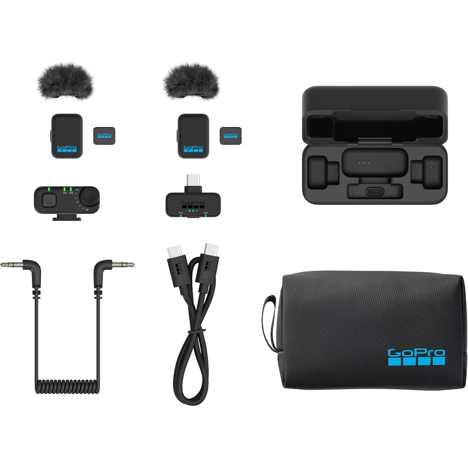 GoPro Kit Completo Microfono Wireless – 2 TX, Ricevitore USB-C + TRS, Custodia di Ricarica