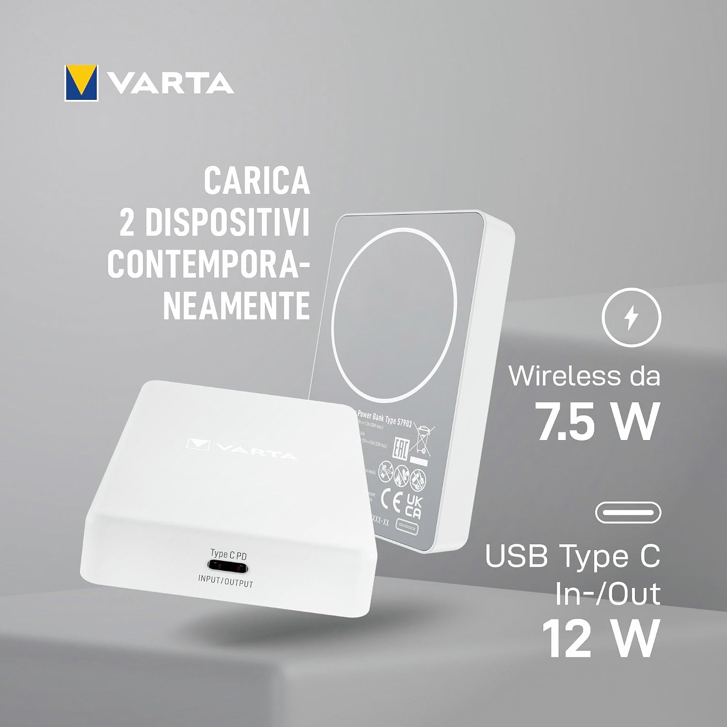 VARTA Mag Pro Power Bank Magnetico 5.000mAh Wireless 7,5W USB-C Bianco