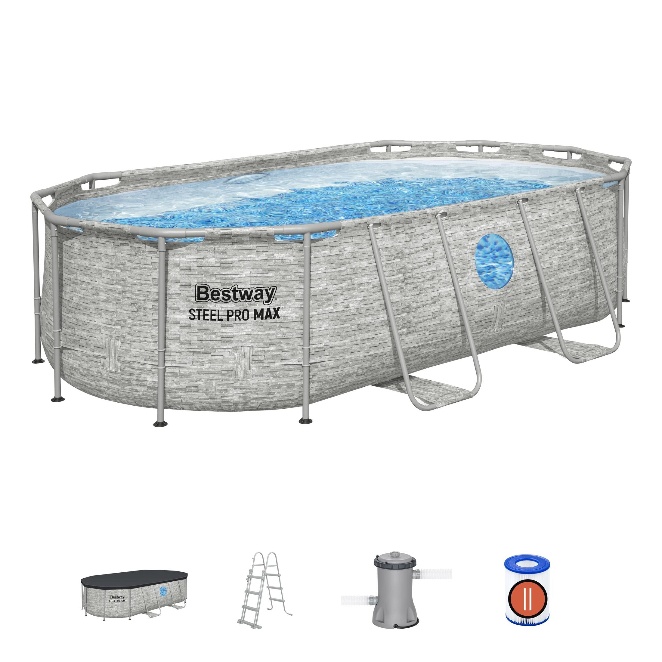 Bestway 56714 Piscina Power Steel Swim Vista Ovale Con Oblò, 4,27mx2,50mx1,00m Colore Pietra Grigia