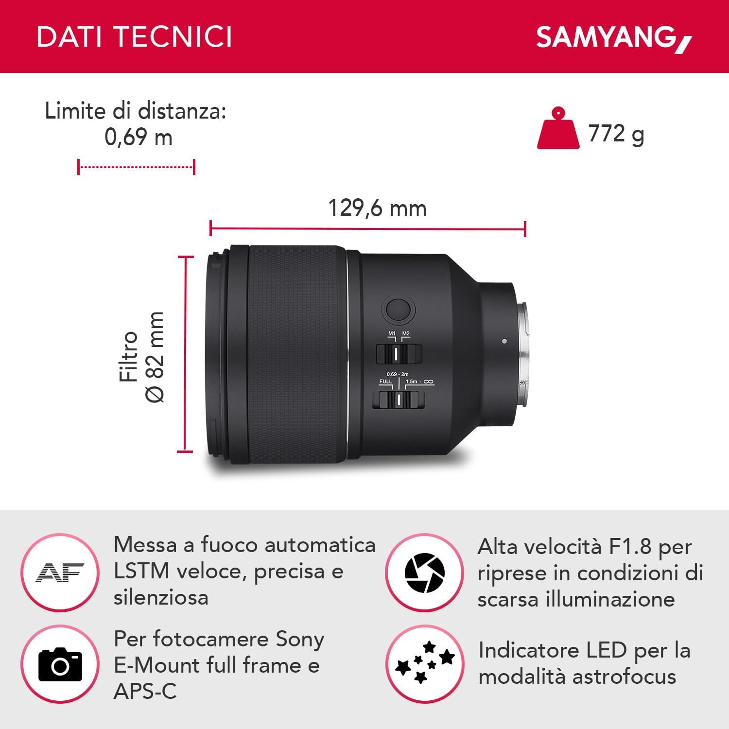 Samyang AF 135mm F1.8 SONY FE GARANZIA FOWA ITALIA 5 ANNI