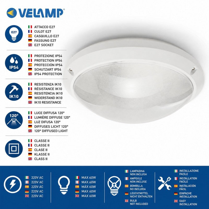 Velamp Plafoniera Tonda da Esterno E27 IP54 IK10 Ø27 cm – Applique Antivandalo per Parete e Soffitto