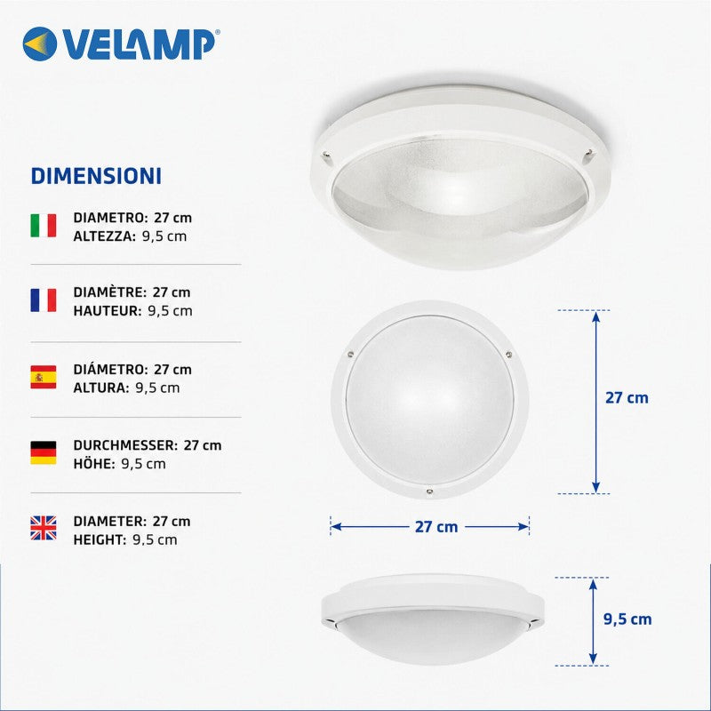 Velamp Plafoniera Tonda da Esterno E27 IP54 IK10 Ø27 cm – Applique Antivandalo per Parete e Soffitto