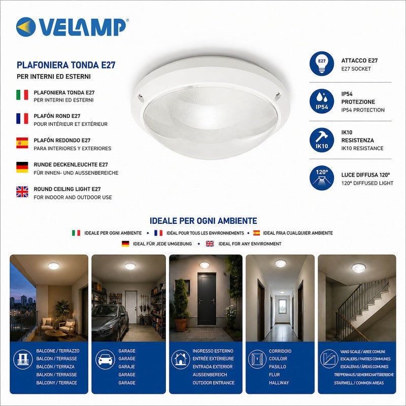 Velamp Plafoniera Tonda da Esterno E27 IP54 IK10 Ø27 cm – Applique Antivandalo per Parete e Soffitto