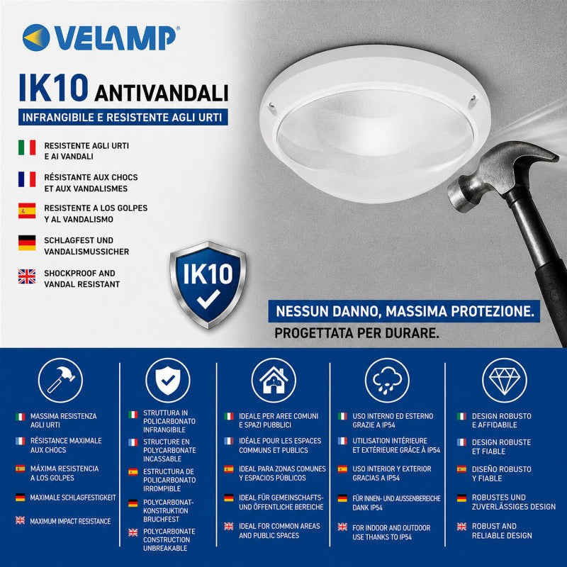 Velamp Plafoniera Tonda da Esterno E27 IP54 IK10 Ø27 cm – Applique Antivandalo per Parete e Soffitto