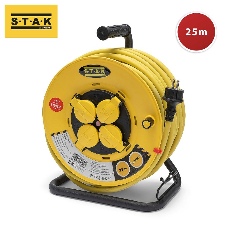 Velamp STAK Avvolgicavo Professionale 25 m con 4 Prese Francesi IP44 – Cavo H07RN-F 3G2,5 mm²