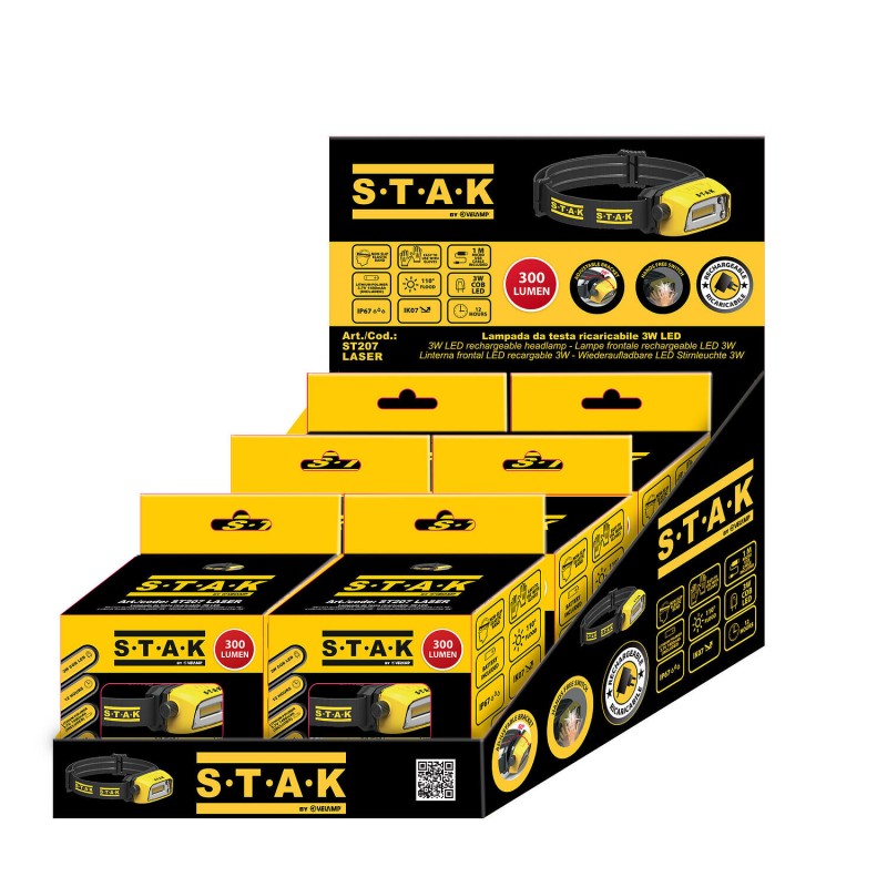 Velamp Stak Laser - Lampada da testa professionale ricaricabile LED 300 lumen Contactless