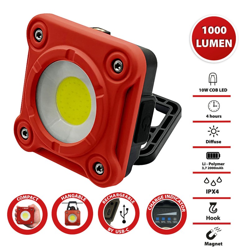 Velamp Fargo - Lampada da Lavoro LED COB Ricaricabile 10W 1000 Lumen