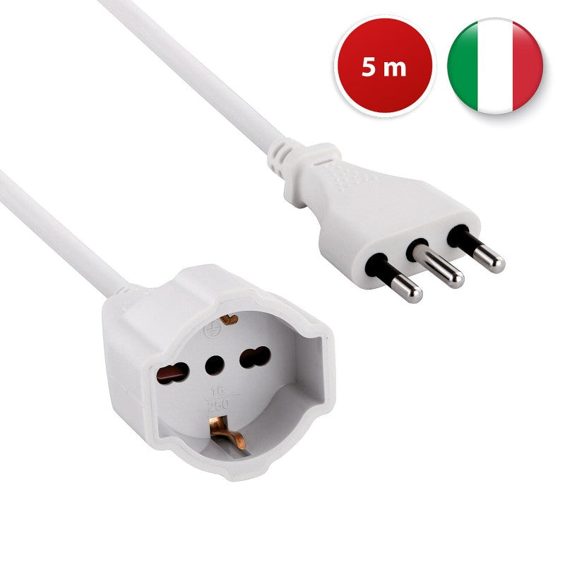 Velamp Prolunga Elettrica 5 Metri 16A con Presa Schuko + 10/16A Bianca