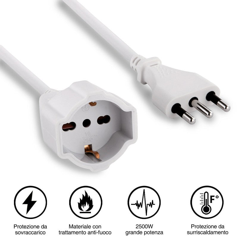 Velamp Prolunga Elettrica 5 Metri 16A con Presa Schuko + 10/16A Bianca