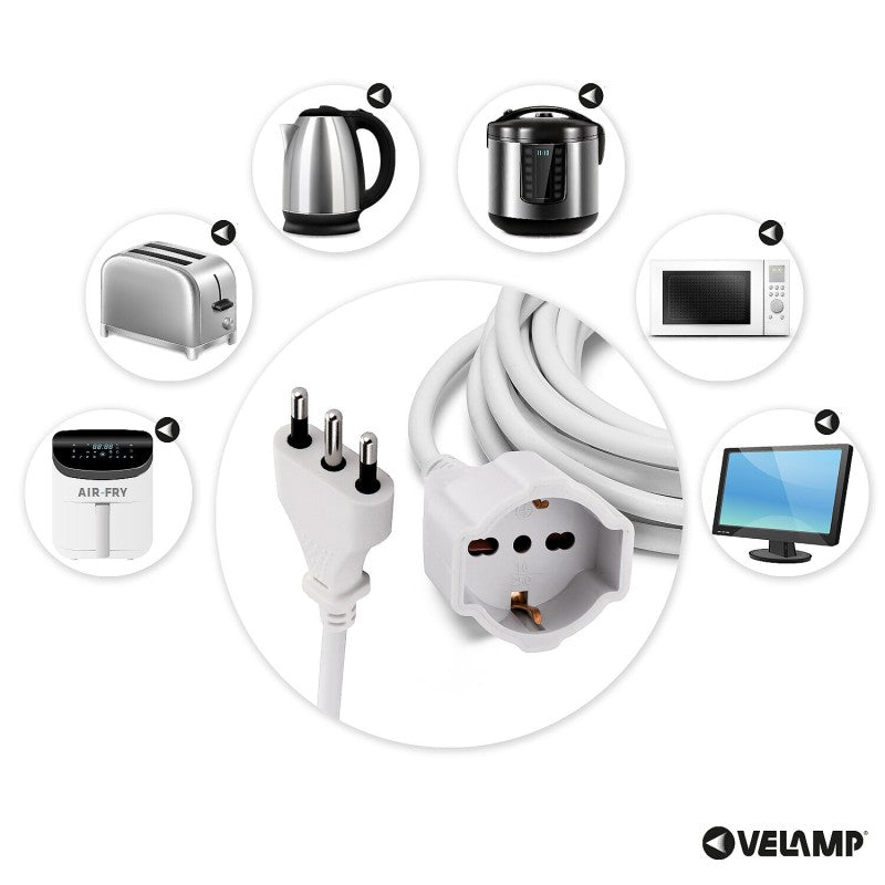 Velamp Prolunga Elettrica 5 Metri 16A con Presa Schuko + 10/16A Bianca