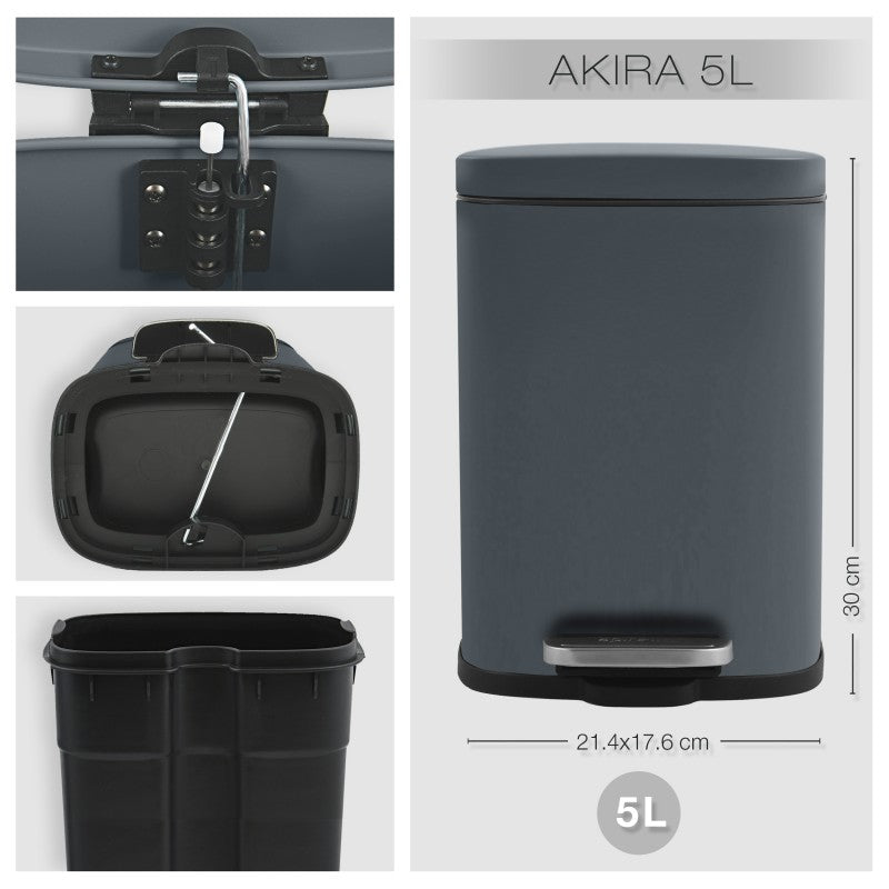 Pattumiera a pedale AKIRA 5L – Acciaio grigio opaco