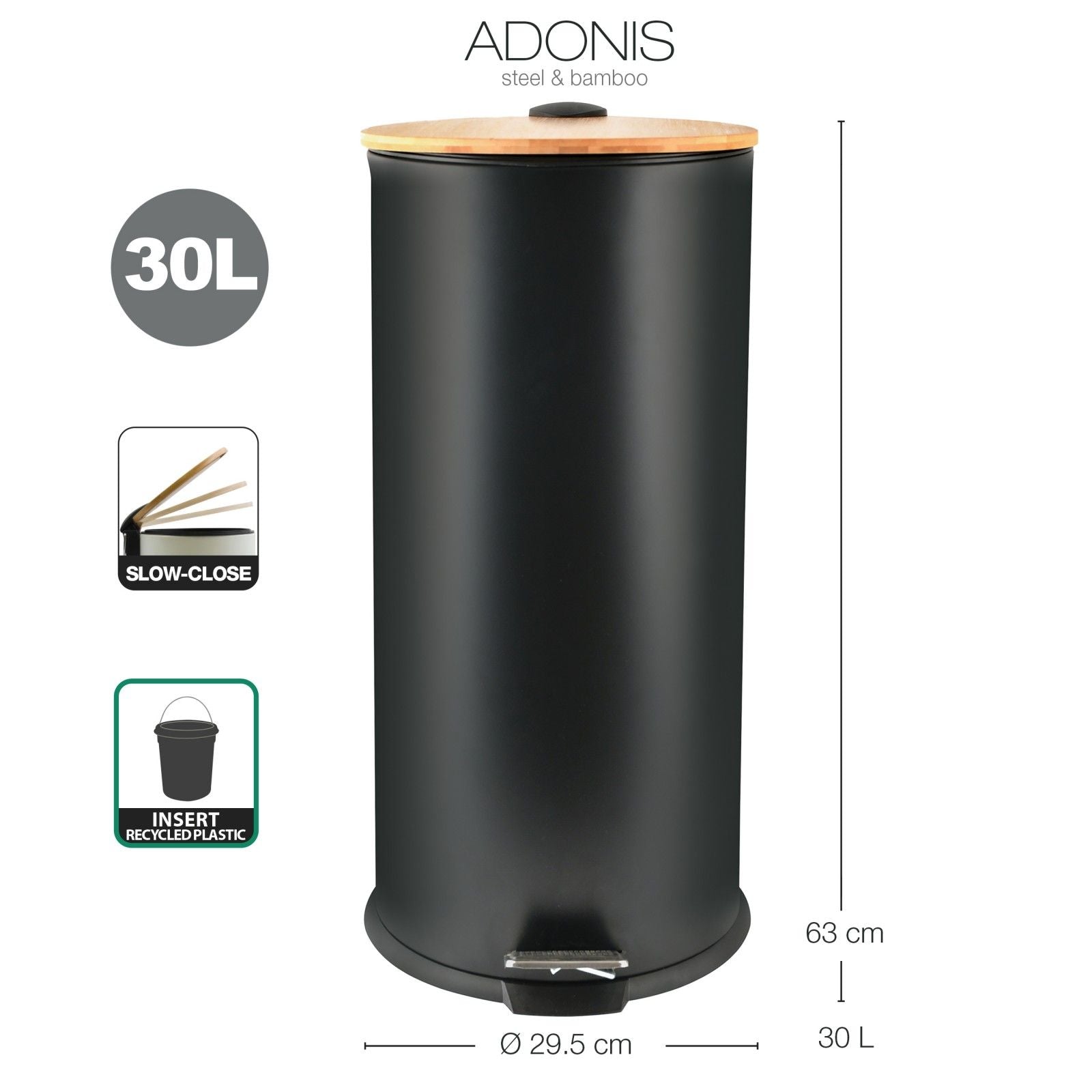 Pattumiera da cucina a pedale in acciaio e bambù ADONIS 30L Nero Spirella