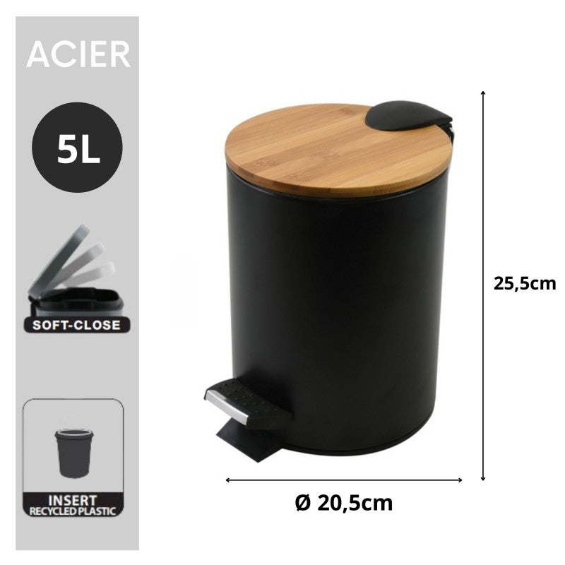 Pattumiera a Pedale Spirella ADONIS 5L Nero in Acciaio e Bambù – Easy-Close