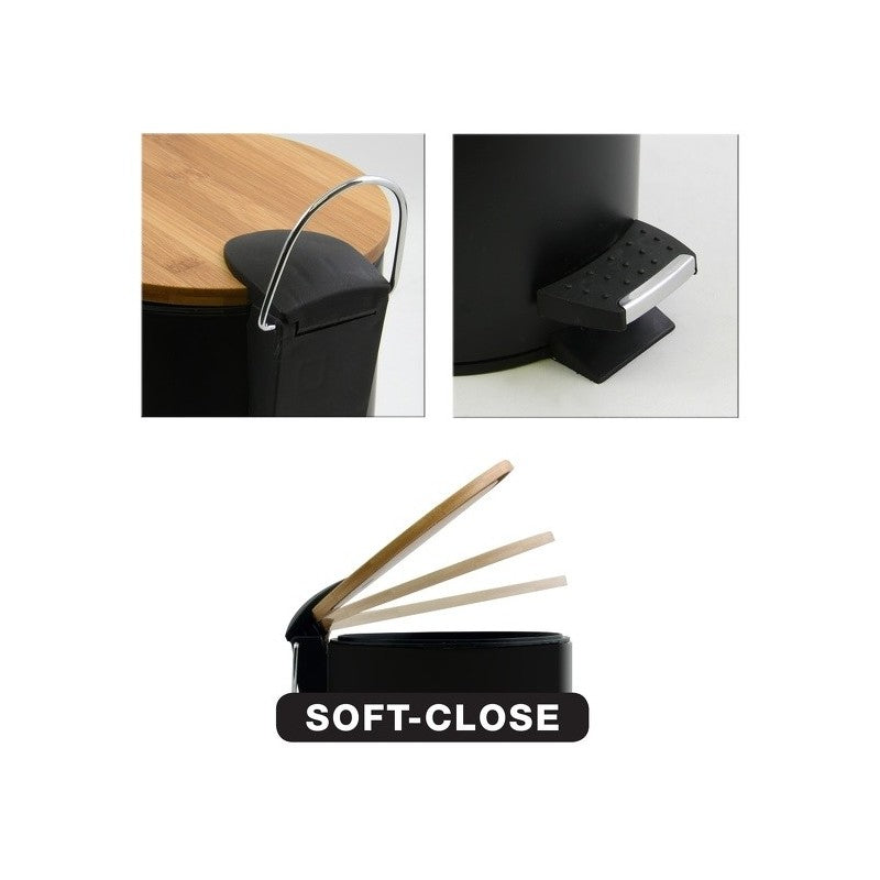 Pattumiera a Pedale Spirella ADONIS 5L Nero in Acciaio e Bambù – Easy-Close